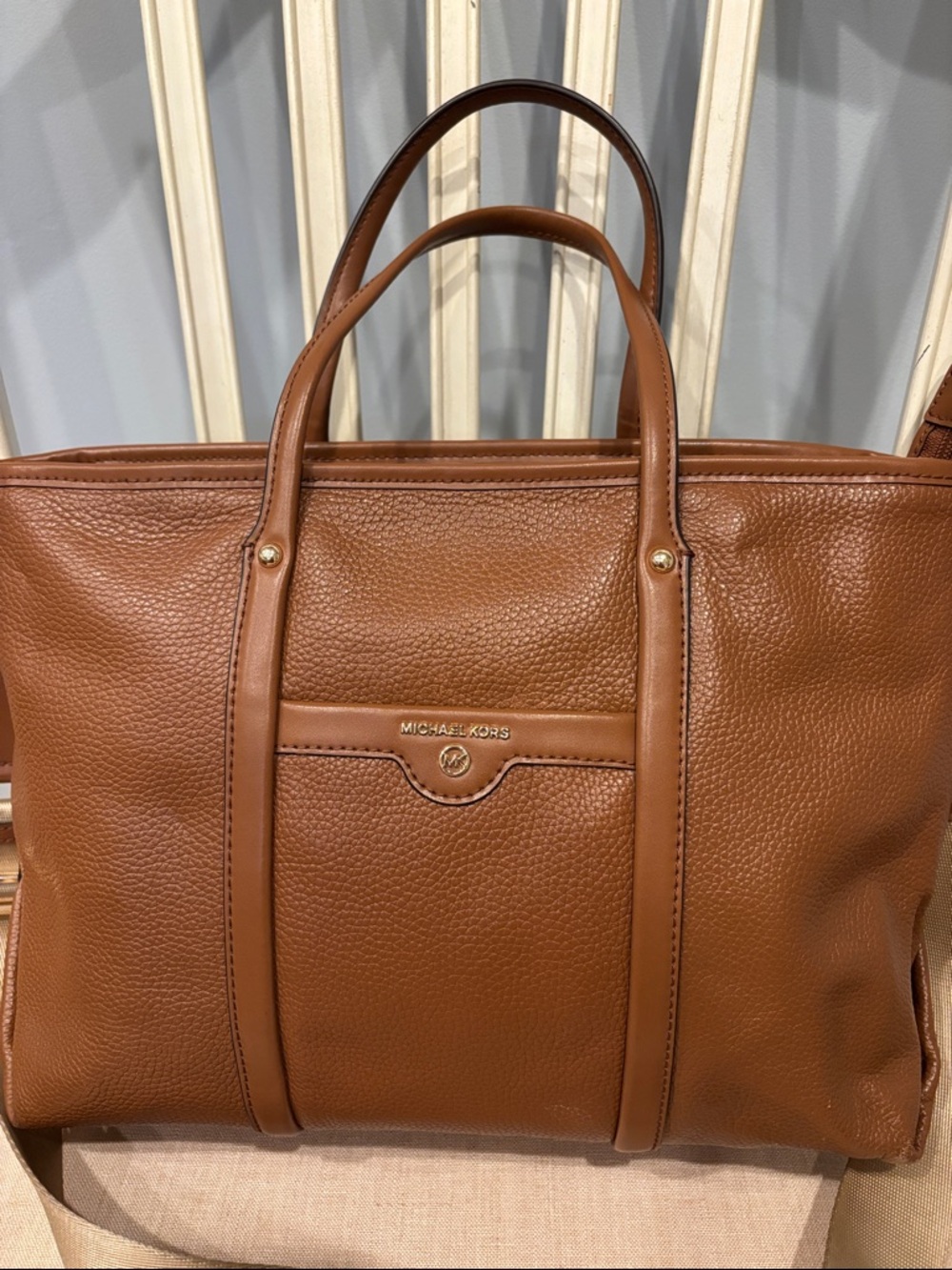 Michael Kors Beck Cognac Pebbled Leather Laptop convertible Tote - Picture 2 of 10